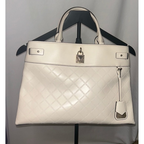 Michael Kors Cream Embossed Logo Handbag Padlock Accent Designer with COA - Picture 1 of 13